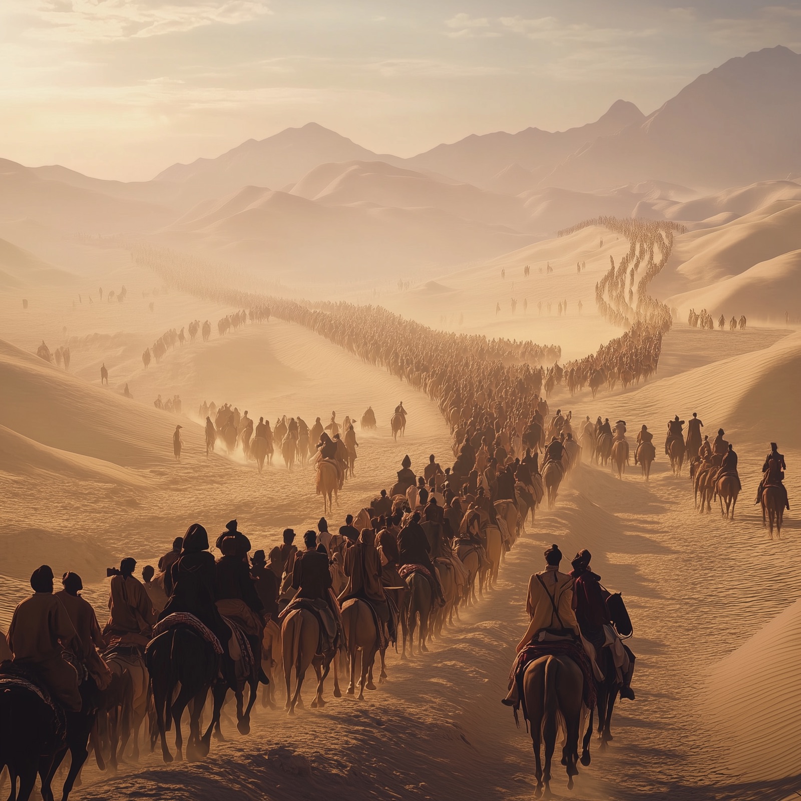 A realistic, high-definition depiction of the ancient Silk Road, illustrating swarm intelligence in historical trade networks.